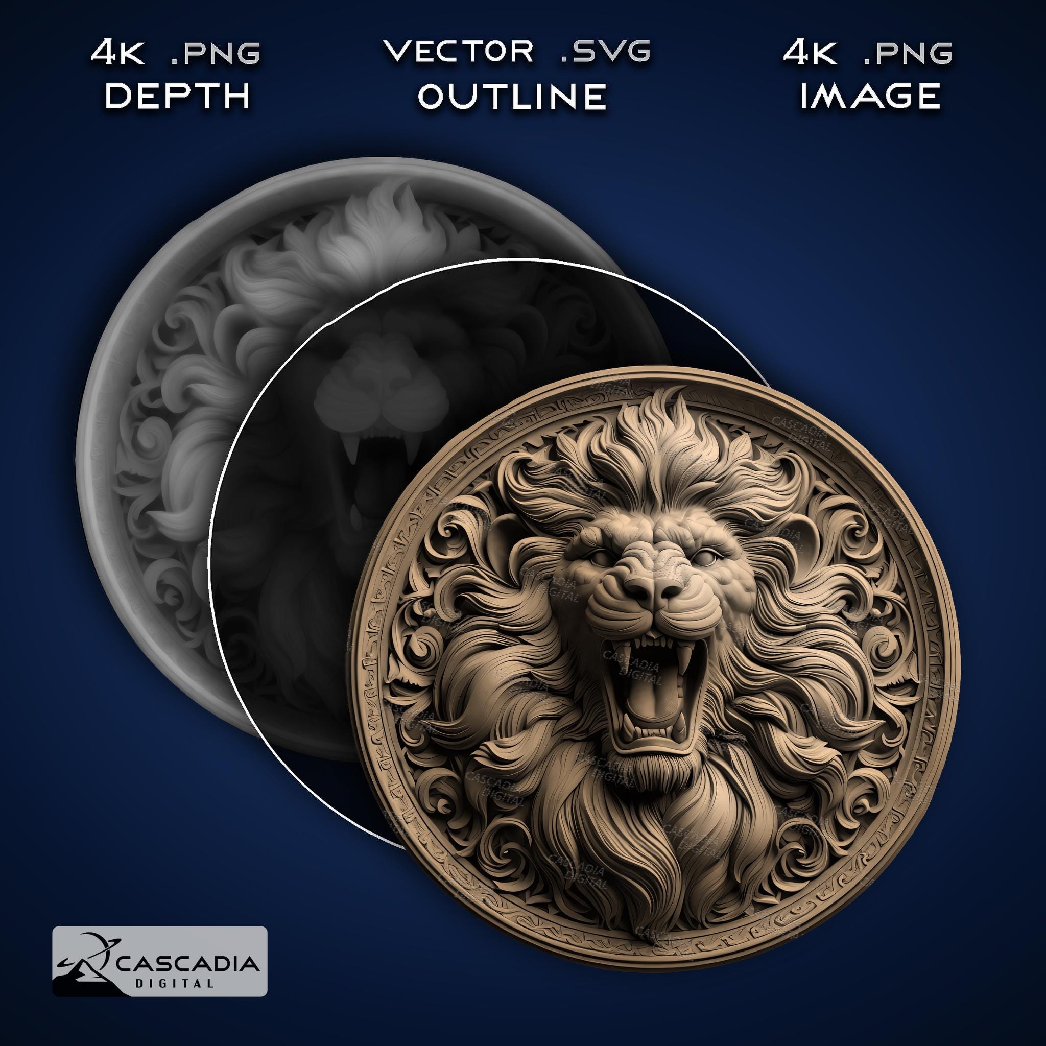 Lion head round - Laser Engrave 4K PNG Image, Depth Map, Exact-Outline Cut File, 3D Illusion -  Animal wildlife nature coin coaster 1599