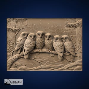 May include: A rectangular relief carving in a light brown tone featuring six owls perched together on a tree branch. The background depicts a winter forest scene with pine trees and falling snow. The text Cascadia Digital is in the corner.
