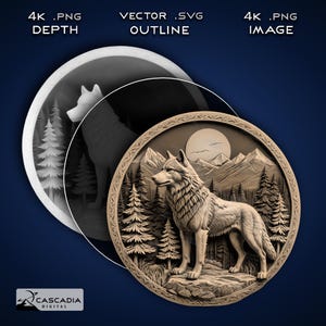 Moneda redonda con diseño de lobos en el bosque: imagen PNG grabada con láser en 4K, mapa de profundidad, archivo de corte de contorno exacto, ilusión 3D: vida salvaje, naturaleza, perro, zorro, posavasos, 1783