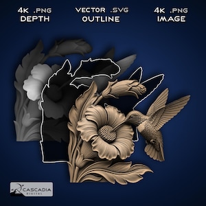 Puede incluir: Ilustración digital detallada de un colibrí cerca de una flor grande, con intrincados detalles de hojas y pétalos. La imagen está en tonos marrones y dorados, sobre un fondo azul oscuro. El texto en la parte superior dice "4K .PNG IMAGE".