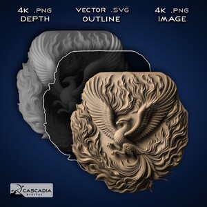 Fénix en llamas: imagen PNG 4K grabada con láser, mapa de profundidad, archivo de corte de contorno exacto, ilusión 3D: pájaro mítico, llamas, fuego 1320