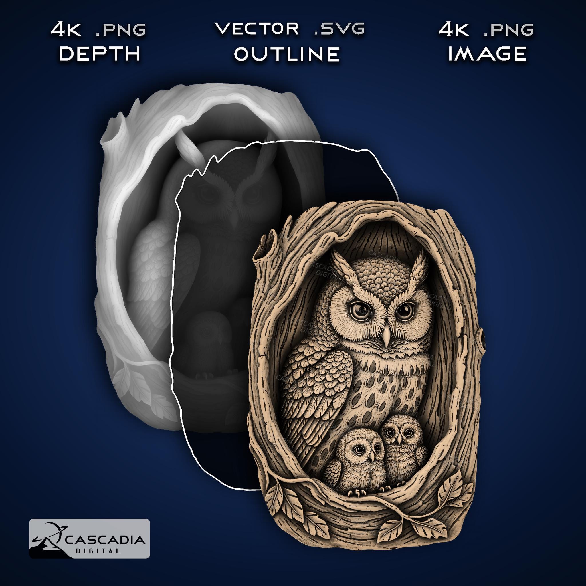 Mother Owl With Owlets - Laser PNG, Depth Map, and SVG for Glowforge and LightBurn