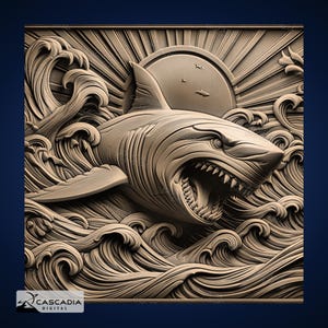 Ataque de tiburón al atardecer - PNG láser y mapa de profundidad para Glowforge y LightBurn