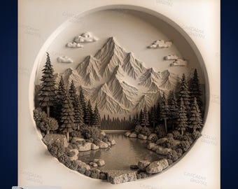 Mountain River Forest Diorama - Laser Engrave PNG for Glowforge and LightBurn