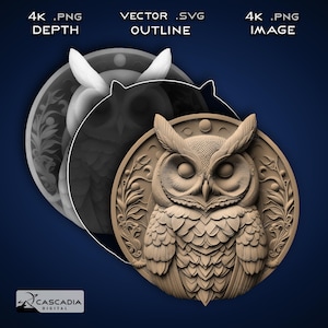 Moneda de posavasos con forma de búho redondo: imagen PNG grabada con láser en 4K, mapa de profundidad, archivo de corte de contorno exacto, ilusión 3D, pájaro nocturno, fauna silvestre, 1308