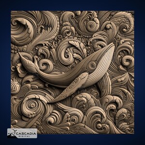 May include: A detailed, intricate carving of a whale swimming through a swirling, ornate pattern of waves and floral designs. The carving is made of a light brown material, giving it a warm and natural look.