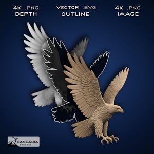 Águia em voo - Imagem PNG 4K gravada a laser, mapa de profundidade, arquivo de corte com contorno exato, ilusão 3D - Animal, vida selvagem, falcão, pássaro, patriótico, 1944