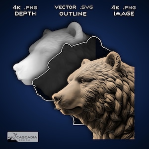 Puede incluir: Un modelo 3D de la cabeza de un oso, mostrado en tres vistas diferentes: un mapa de profundidad blanco, un contorno negro y un renderizado 3D texturizado detallado. La cabeza del oso está mirando hacia la derecha, con la boca ligeramente abierta.