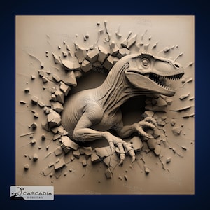 Puede incluir: Un modelo 3D de un velociraptor dinosaurio rompiendo una pared. El dinosaurio está esculpido en un estilo realista, con escamas y garras detalladas. La pared está agrietada y rota, con trozos de piedra esparcidos alrededor del dinosaurio.