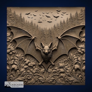 Murciélagos: imagen PNG 4K grabada con láser, mapa de profundidad, ilusión 3D de pizarra de madera: animales, vida salvaje, naturaleza, Halloween, vampiros 1467