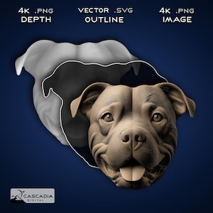 Amstaff Pitbull Kopf - Lasergravur 4K PNG Bild, Tiefenkarte, Exact-Outline Cut File, 3D Illusion - Pittie Staffordshire Hund Wolf 1512