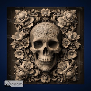 Schädelblumen - Lasergravur 4K PNG Bild, Tiefen Karte, Holz Schiefer 3D Illusion - Halloween Skelett Gothic Tod 1455