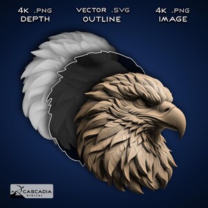 Adlerkopf - Laser gravieren 4K PNG Bild, Tiefenkarte, Exact-Outline Cut File, 3D Illusion - Falke Vogel patriotisch 1259