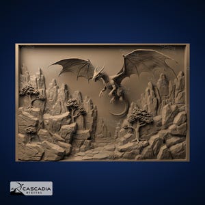 Dragão em voo - Imagem PNG 4K gravada a laser, mapa de profundidade, ilusão 3D em ardósia de madeira - animal de fogo, castelo medieval mítico, 1989