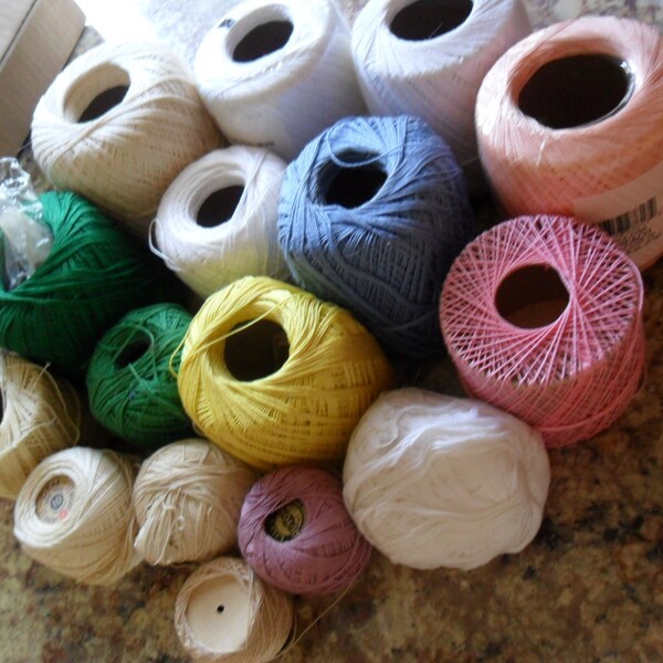 SALE - 21 VIntage Cotton Crochet Thread Destash - assorted colors - Mostly size 10