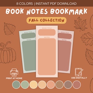 Fall Book Notes Bookmarks Version 2 | Printable PDF, Colorful Annotating Bookmark, Reading Tracker Log, Reading Journal, Bookish, TBR