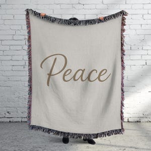 Peace Woven Blanket – Minimalist Script Throw Blanket, Cozy Calm Decor, Mindful Home Gift, Boho Affirmation Blanket, Neutral Throw