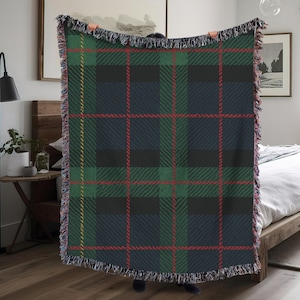 Green & Navy Tartan Woven Blanket – Scottish Plaid Throw With Red And Yellow Accents, Cozy Highland Home Decor