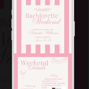 May include: A pink and white digital invitation for a bachelorette weekend in Cancun, Mexico. The invitation includes the text "Bachelorette Weekend" and details for the weekend, including the bride's name, Natasha Williams.