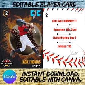 Seja um campeão! Modelos de negociação de beisebol, cartão de jogador, modelos de cartão, modelo canva editável, cartão esportivo faça você mesmo, para impressão, presente de equipe
