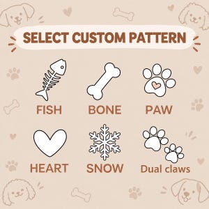 May include: A beige graphic chart titled SELECT CUSTOM PATTERN featuring six white line art icons with brown text labels: FISH, BONE, PAW, HEART, SNOW, and Dual claws. The background is decorated with small brown dog faces, bones, hearts, and paw prints.