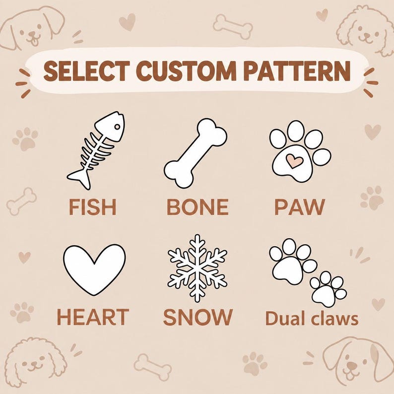 May include: A beige graphic chart titled SELECT CUSTOM PATTERN featuring six white line art icons with brown text labels: FISH, BONE, PAW, HEART, SNOW, and Dual claws. The background is decorated with small brown dog faces, bones, hearts, and paw prints.