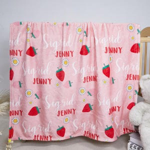 Personalized Strawberry Blanket, Custom Baby Name Blanket, Pink Girl Nursery Decor, Gift for Baby Girl,Toddler Blanket, Cute Kids Blanket