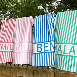 Groovy Striped Personalized Beach Towel, Pool Party Towels, Swimming Club Towel，Birthday Vacation Gift, Retro Style Bridesmaid Towel