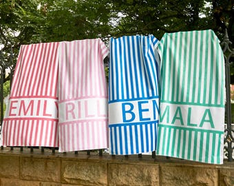 Custom Stripe Beach Towel with Name, Beach Bridal Party Towel, Preppy Girls Pool Towel, Summer Essentials Vacation, Swimming Club Towel