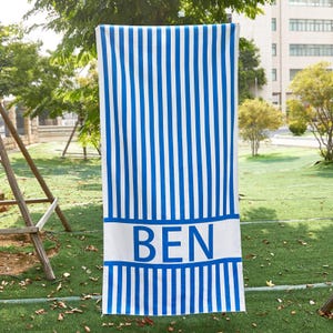 Fashion striped personalized beach towel, swimming club towel, vintage style bridesmaid towel, birthday holiday gift, pool party towel