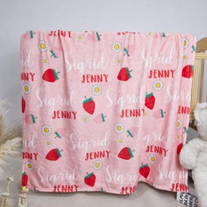 Personalized Strawberry Blanket, Custom Baby Name Blanket, Pink Girl Nursery Decor, Gift for Baby Girl, Cute Kids Blanket, Baby Shower Gift