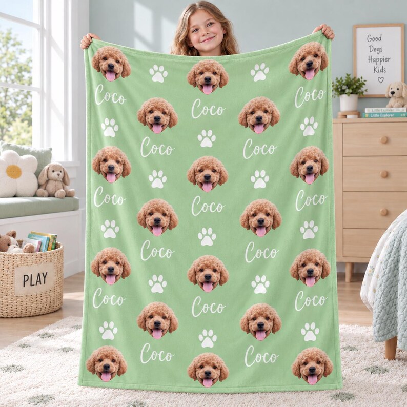 May include: A light green fleece blanket featuring a repeating pattern of a brown puppy face, white paw prints, and the name Coco written in white script. The blanket is held up to display the full design of the custom pet photo print.