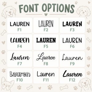 May include: A grid of twelve font options for the name LAUREN, labeled F1 through F12, displayed in black text on white rectangular backgrounds. The header reads FONT OPTIONS, flanked by dog illustrations, with paw prints and bones in the corners.