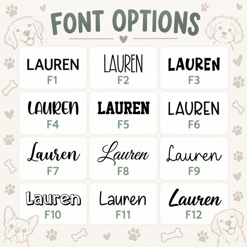May include: A grid of twelve font options for the name LAUREN, labeled F1 through F12, displayed in black text on white rectangular backgrounds. The header reads FONT OPTIONS, flanked by dog illustrations, with paw prints and bones in the corners.