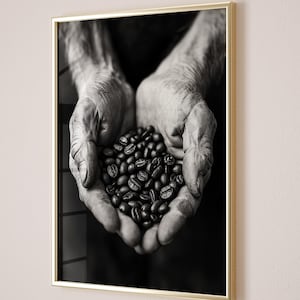 Black & White Coffee Farmer Print, Digital Download, Printable Kitchen Wall Art, Rustic Farmhouse Kitchen Decor, Fair Trade Coffee Poster