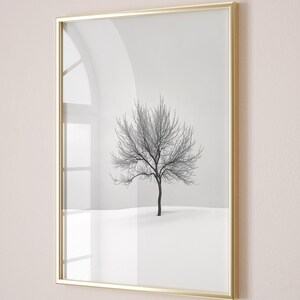 May include: A black and white photograph of a bare tree in a snowy landscape, framed in a gold frame.