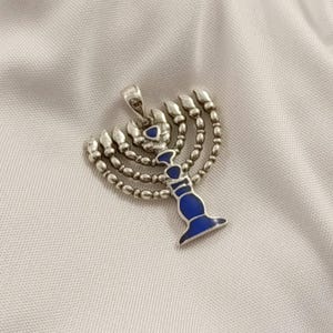 Sterling Silver Hannukia Pendant with Blue Enamel, Hanukkah Gift, Menorah Pendant, Judaica Jewelry, Hanukkah Gift, Jewish Pendant