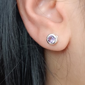Sterling Silver Natural Amethyst Stud Earrings, Minimalist Style, Amethyst Round Studs, Purple Gemstone,February Birthstone