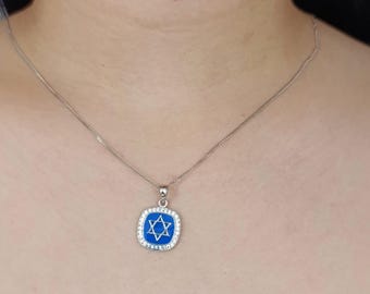 Sterling Silver Star of David Pendant: Blue Enamel Jewish Necklace
