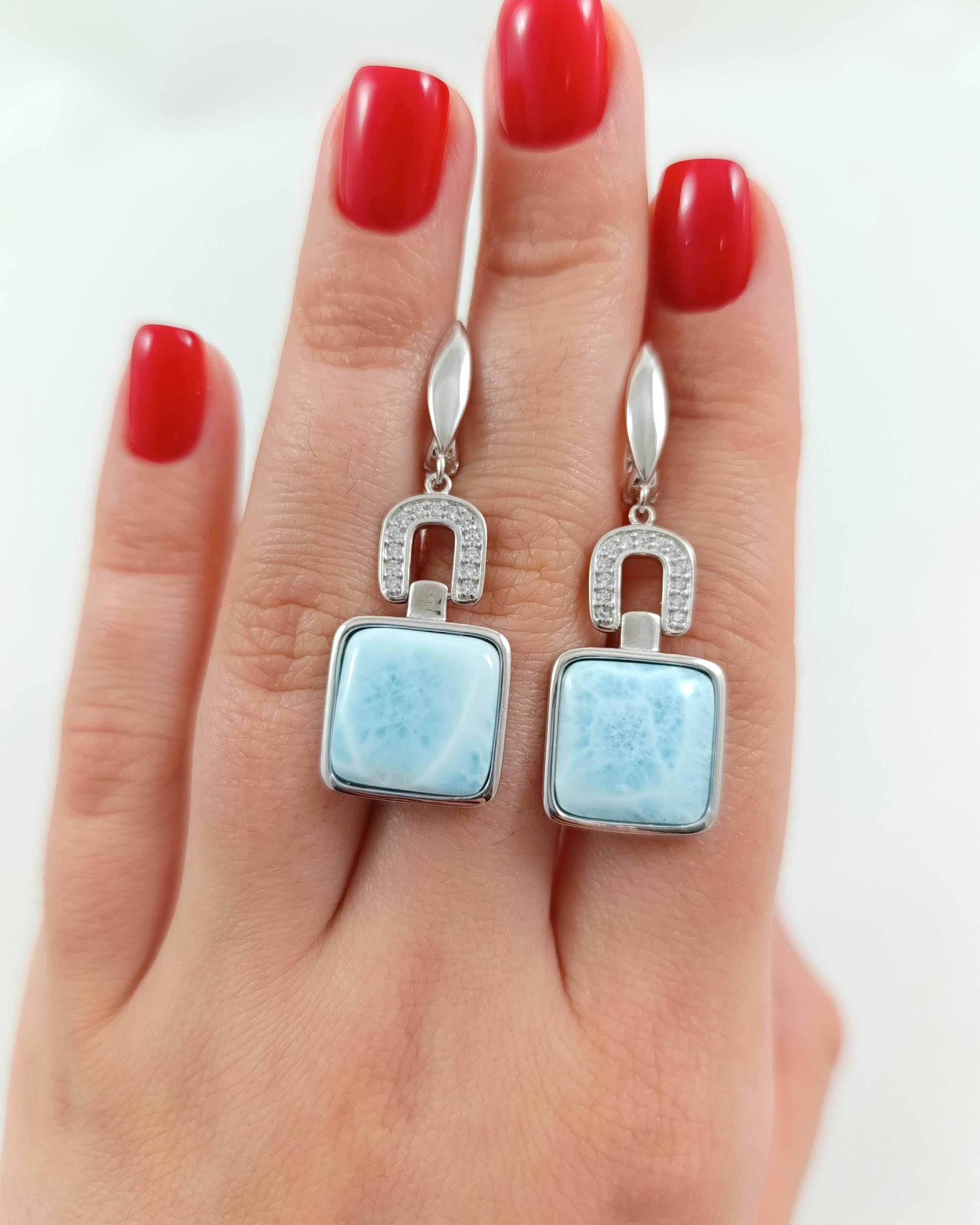 ラリマードロップイヤリング：スターリングシルバーダングル、スクエア