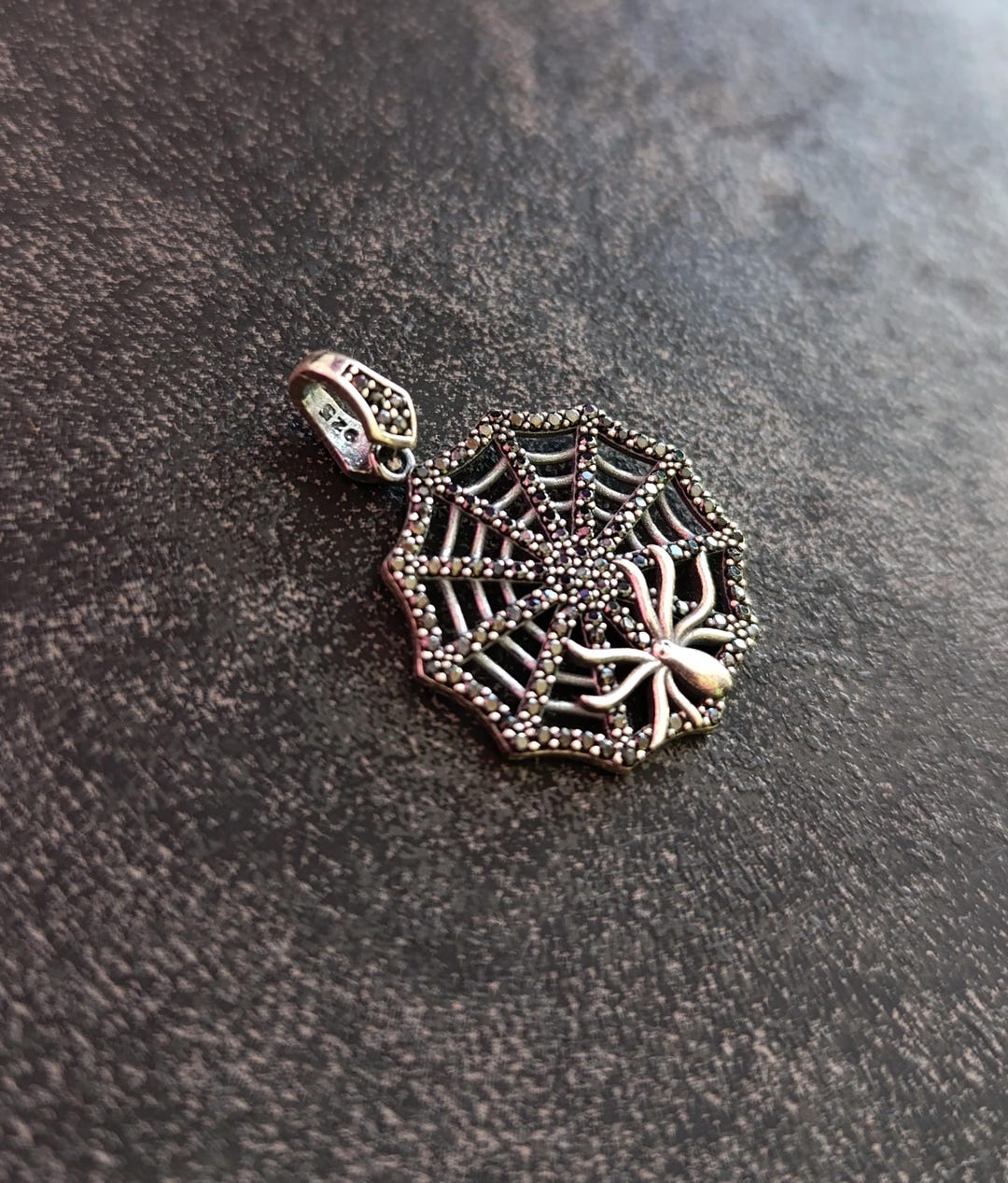 Spider on Web Pendant With Black Cubic Zirconia, Halloween Jewelry ...