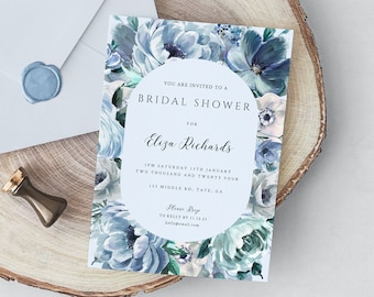 Bridal Shower Invitation Template, Blue Floral, Printable Wedding Shower Invite, Editable Wedding, Instant Download, ELIZA