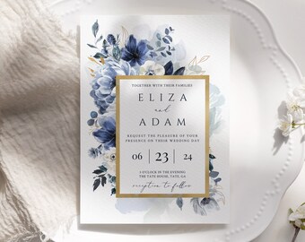 Printable Wedding Invitation Template, Dusty Blue Wedding Invitation Printable, Navy, Indigo, Greenery, Floral Wedding Invite, ELIZA