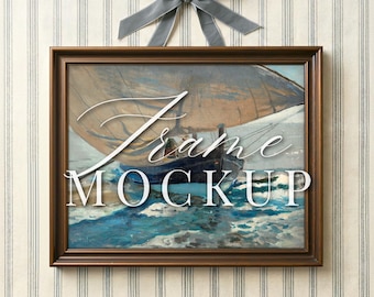 Coquette Frame Mockup, Vintage Bronze Hanging Frame with Bow Ribbon, Romantic Wall Art Mockup for Prints, PSD Smart Object Digital Download