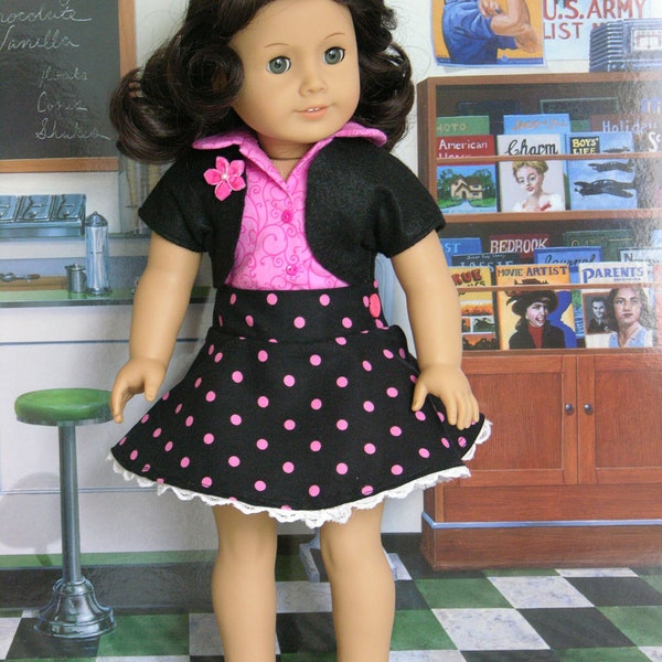 Pink Polka Skirt Set for American Girl or 18 inch doll with shoes