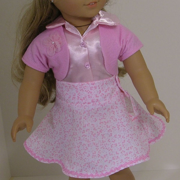 Pink Satin Floral Skirt Set for American Girl or 18 inch doll with shoes