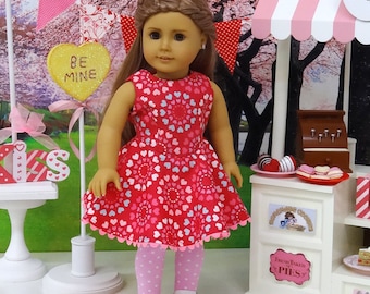 Sugar Hearts - Sleeveless Valentine dress for American Girl doll with tights & shoes