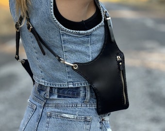Women's Leather Shoulder Holster Bag, Festival - Travel Bag, Black Leather Holster Vest