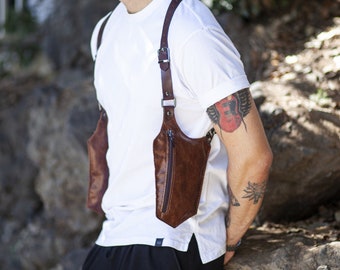 Bruine leren schoudertas met holster, festivaltas, reistas, herenholster - Valentijnsdagcadeau