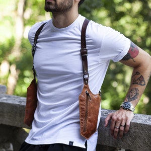 Hellbraune Leder Schulter Holster Tasche, Festival - Reisetasche, Herren Holster Weste